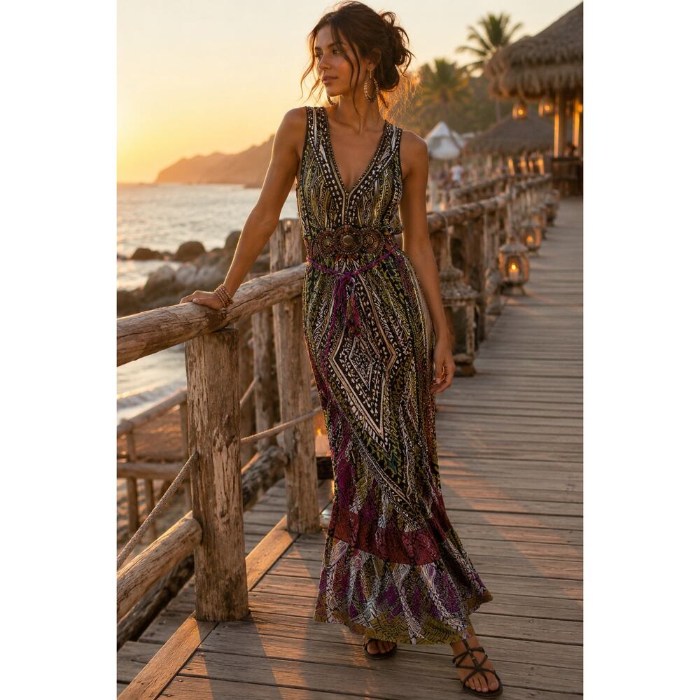 Vintage Y2K Beaded Boho Maxi Dress Bodycon Festival Mallcore XS Colorful Print